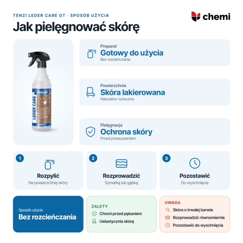 Tenzi Leder Care GT 0,6 l: pielęgnacja skóry bez rozcieńczania: rozpylić, przetrzeć i pozostawić do wyschnięcia