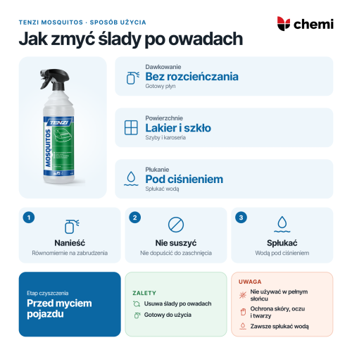 Tenzi Mosquitos 1 l: usuwanie śladów po owadach, gotowy płyn, płukanie wodą pod ciśnieniem