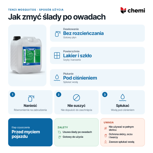 Tenzi Mosquitos 10 l: usuwanie śladów po owadach, gotowy płyn, płukanie wodą pod ciśnieniem