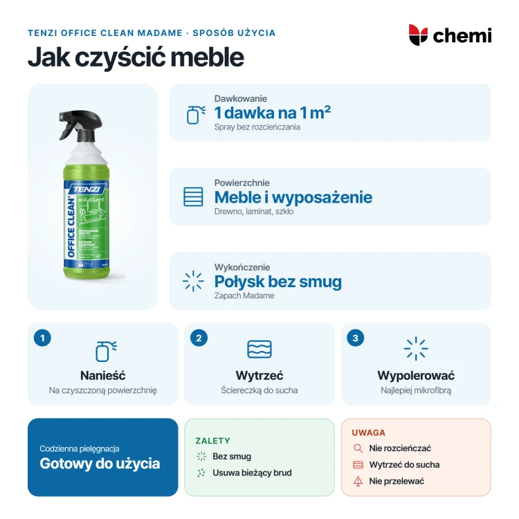 Tenzi Office Clean Madame 1 l: Tenzi Office Clean Madame: jedna dawka sprayu na metr kwadratowy, wycieranie i polerowanie