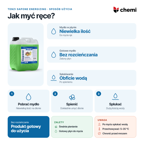 Tenzi Sapone Energizing 5 l: mycie rąk bez rozcieńczania, spienienie i płukanie wodą