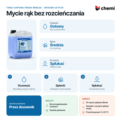 Tenzi Sapone Fresh Breeze 5 l: mycie rąk przez dozownik, bez rozcieńczania, z płukaniem wodą