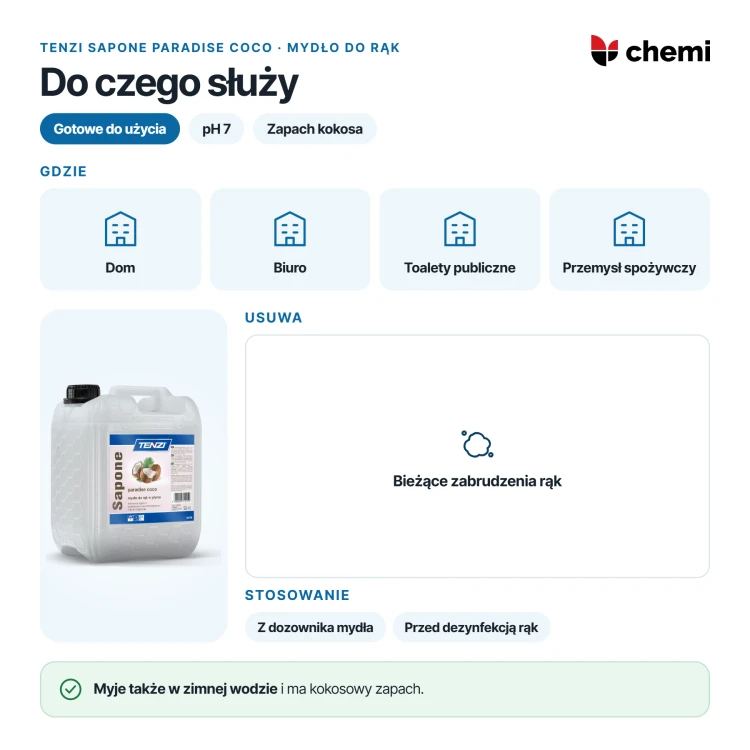 Tenzi Sapone Paradise Coco 5 l: mydło do rąk o zapachu kokosa, do domu, biura i toalet publicznych