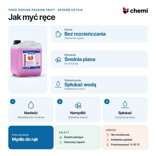 Tenzi Sapone Passion Fruit 5 l: mycie rąk: mydło bez rozcieńczania, namydlenie i płukanie wodą