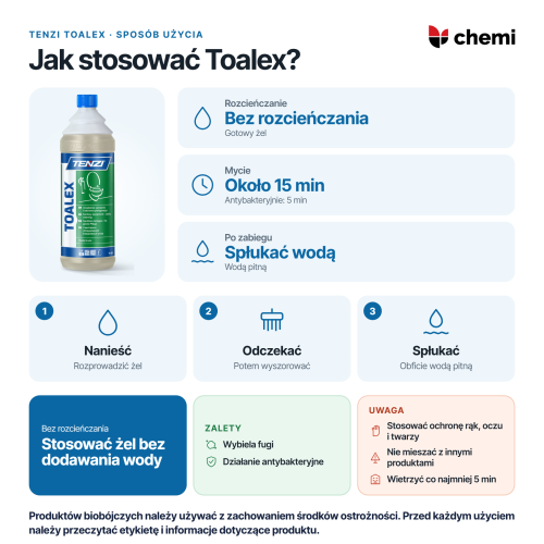 Tenzi Toalex 1 l: stosowanie bez rozcieńczania, czas kontaktu i płukanie wodą