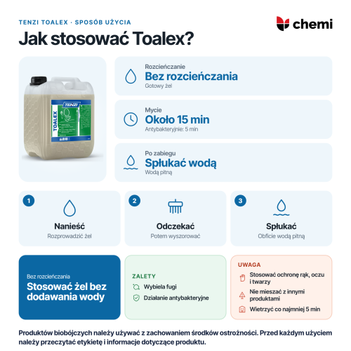Tenzi Toalex 5 l: stosowanie bez rozcieńczania, czas kontaktu i płukanie wodą