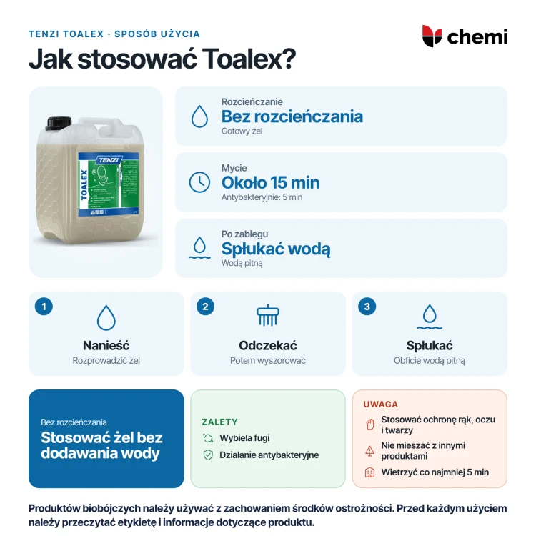 Tenzi Toalex 5 l: stosowanie bez rozcieńczania, czas kontaktu i płukanie wodą