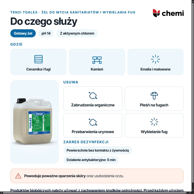 Tenzi Toalex 5 l: mycie sanitariatów, dezynfekcja i wybielanie fug