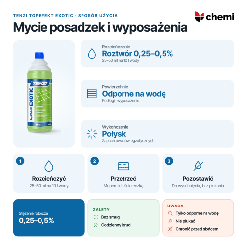 Tenzi TopEfekt Exotic 1 l: Rozcieńczanie TopEfekt Exotic, nanoszenie mopem lub ściereczką, bez płukania