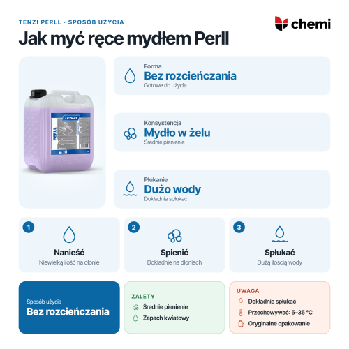 Tenzi Perll 5 l: mycie rąk bez rozcieńczania: naniesienie mydła, spienienie i płukanie wodą