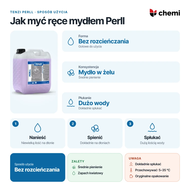 Tenzi Perll 5 l: mycie rąk bez rozcieńczania: naniesienie mydła, spienienie i płukanie wodą