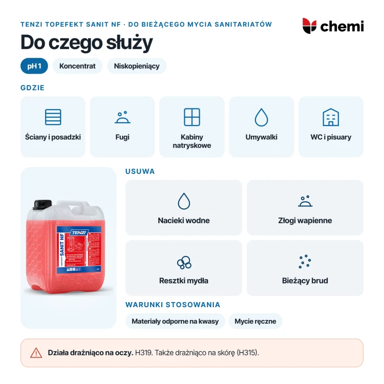 Tenzi TopEfekt Sanit NF 10 l: mycie sanitariatów, usuwanie osadów wodnych i mydła, ostrzeżenie H319