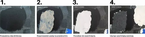 Dynasil Oil Absorber, usuwanie plamy oleju w 4 krokach: plama, nałożenie pasty, wyschnięcie, zdjęcie zaschniętej warstwy