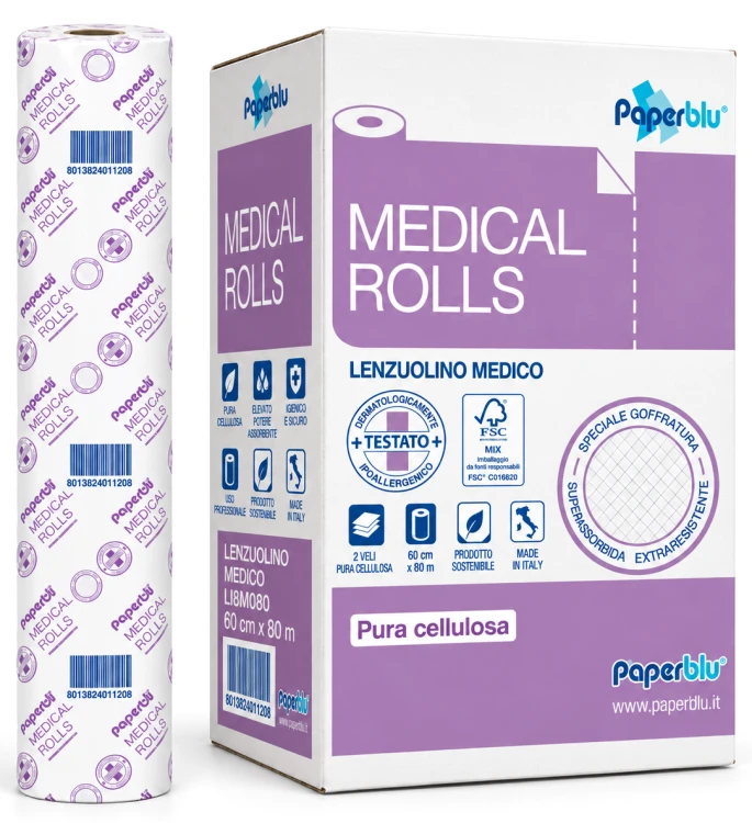 Podkład Paperdi LI8M080: rolka i fioletowe opakowanie Medical Rolls 60 cm × 80 m