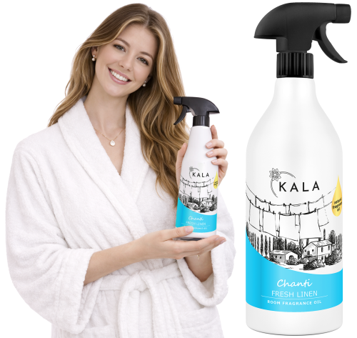 Kala Chanti Fresh Linen 1 l, butelka olejku zapachowego w dłoni