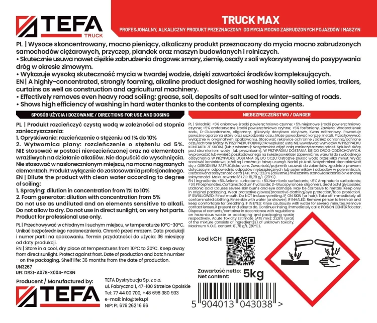 Alkaliczny środek do mycia pojazdów i maszyn Tefa Truck Max – 5 kg – zdjęcie 3