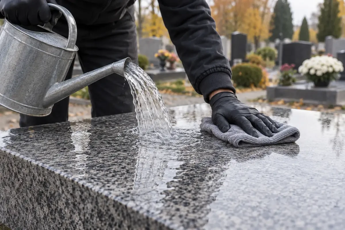 Płukanie płyty nagrobka czystą wodą i wycieranie do sucha