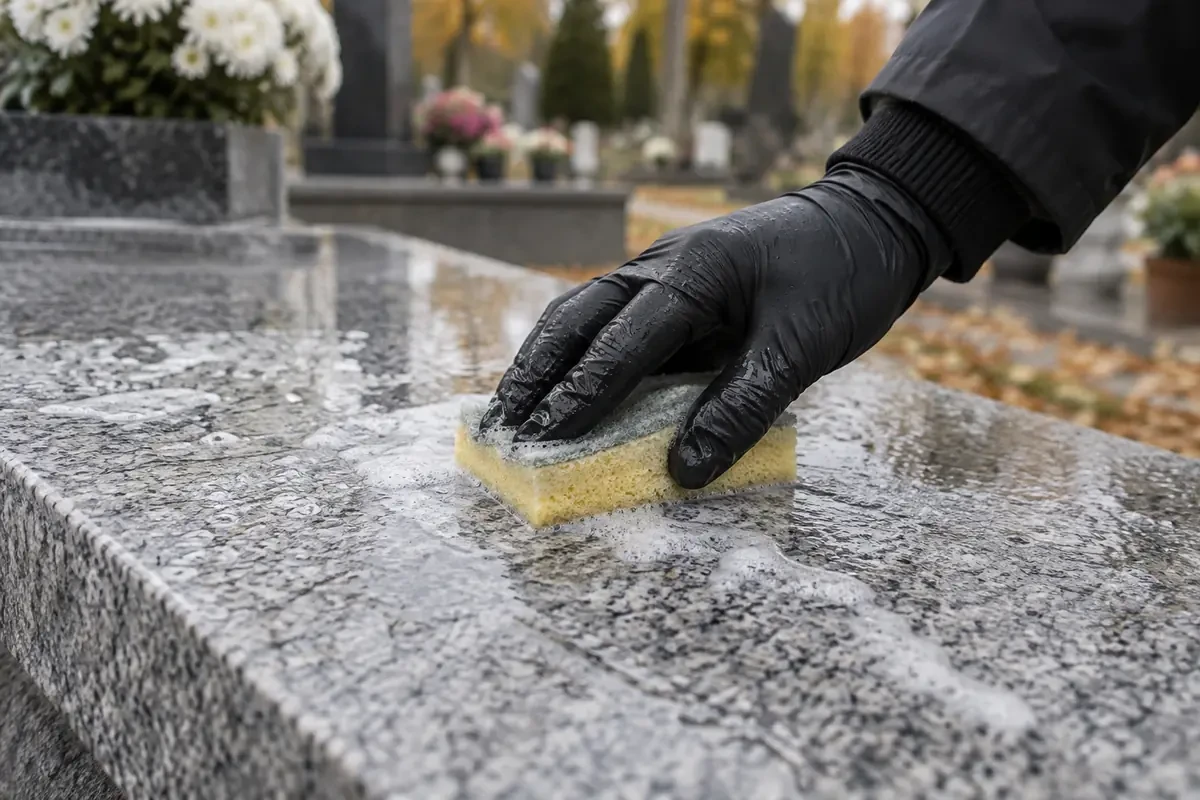 Mycie nagrobka płynem Tenzi Nagrobki Czyszczenie, 2–5 minut działania i szorowanie gąbką