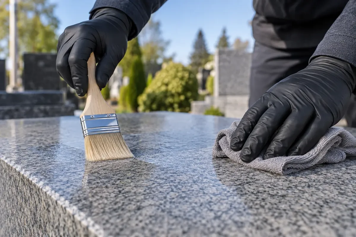 Nakładanie impregnatu Dynasil Kamień pędzlem na polerowany granit i zbieranie nadmiaru szmatką