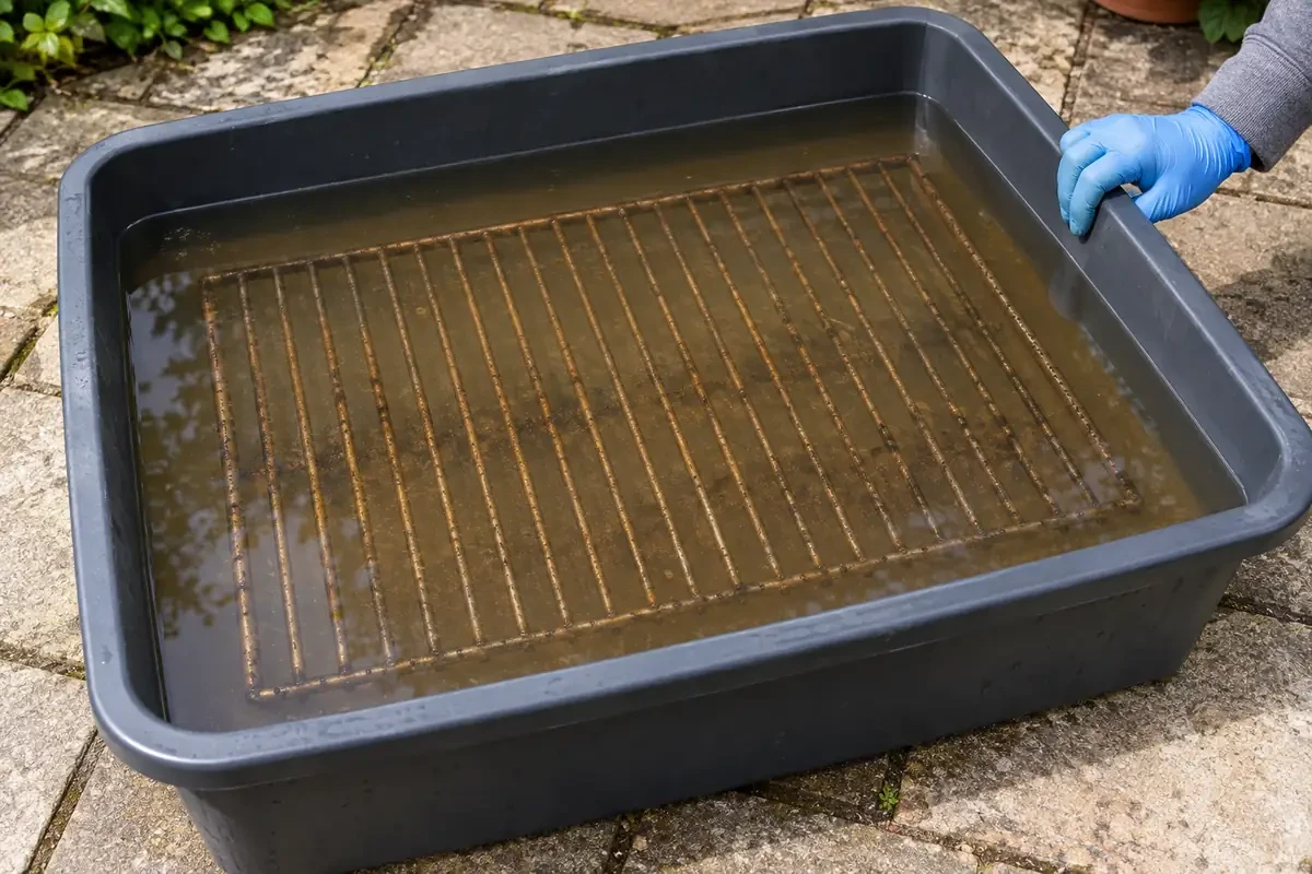 Ruszt grilla namoczony w roztworze koncentratu w plastikowej wanience